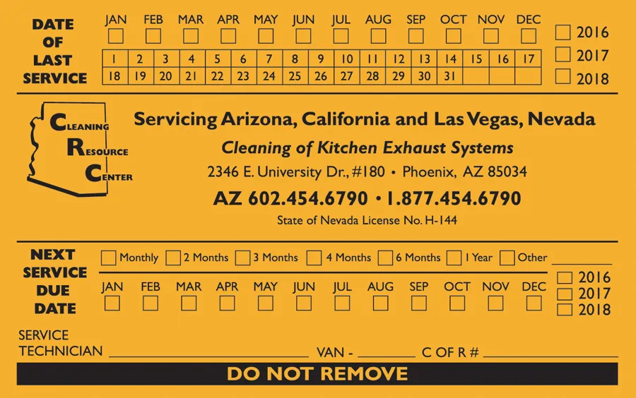 CRC's orange service sticker with boxes for the date of last service and the next service due date